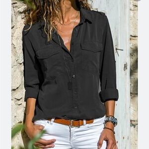 Elan black long sleeve button down shirt oversized loose fit size Small